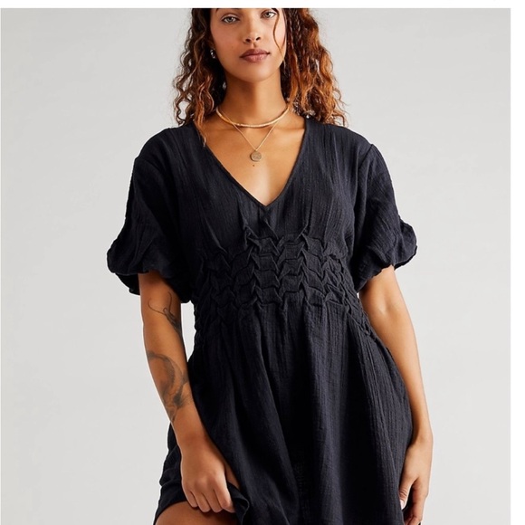 Free People One Of A Kind Mini Dress Solid Ruched Smocked - Picture 3 of 11